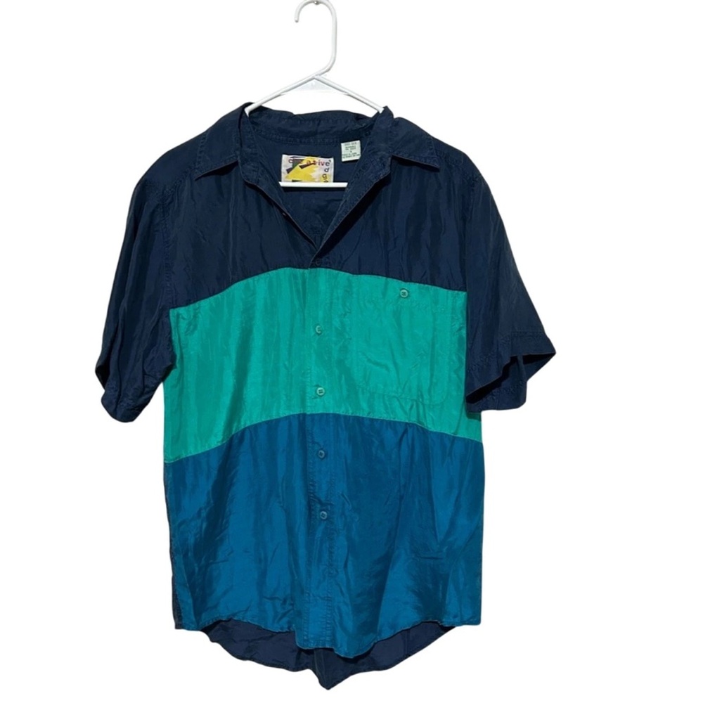 Men's Vintage Blue Silk Color Block Button Down Shirt Size Small